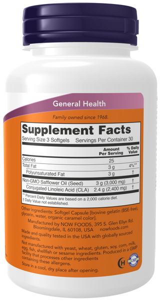 CLA 800mg Non-GMO Safflower Oil - 180 Softgels (Now Foods)